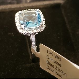 Genuine 3.78 Cts Blue Zircon & Diamond 10k White Gold